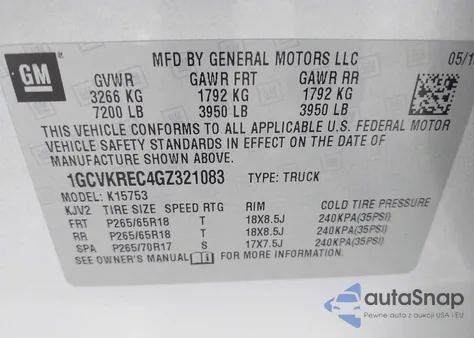 2016 Chevrolet Silverado 1500 2Lt from USA, damaged, VIN 1GCVKREC4GZ321083